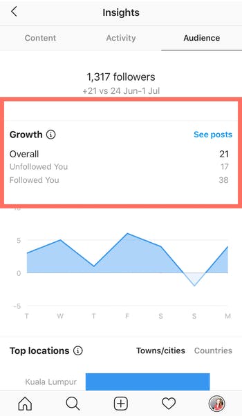 Una captura de pantalla de la sección de análisis de Instagram de la aplicación de Instagram, que destaca el crecimiento de suscriptores.